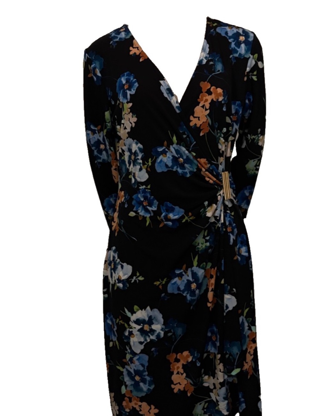 Calvin Klein Black 3/4-Sleeve Floral Wrap Dress with Blue & Tan Blooms